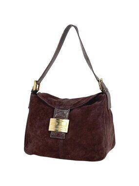 Fendi Zucca Logo Shoulder Bag Suede Brown